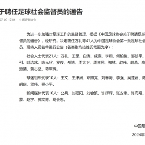中国足协：决定聘任万礼等41人为第一批足球社会监督员
